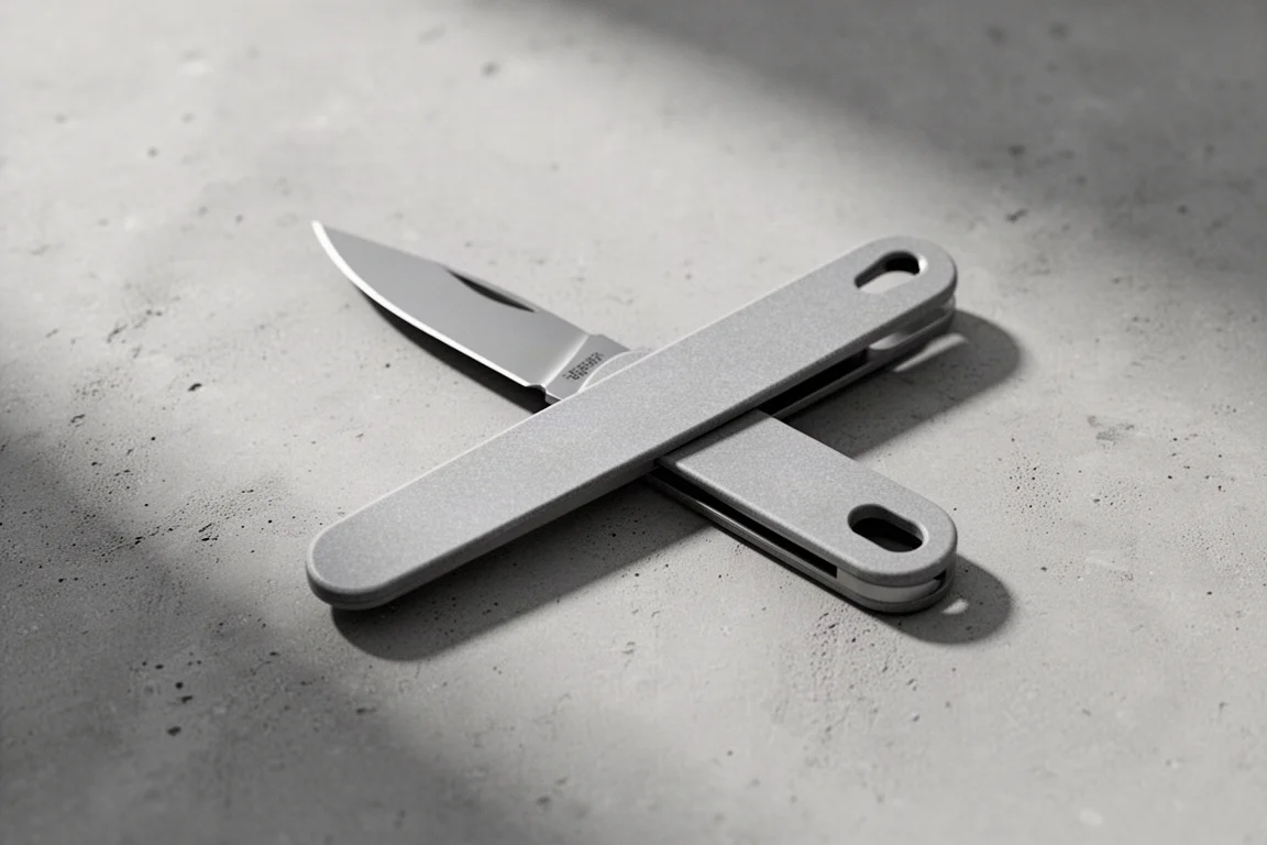 Couteau pliant fin au manche étroit posé sur une surface en béton