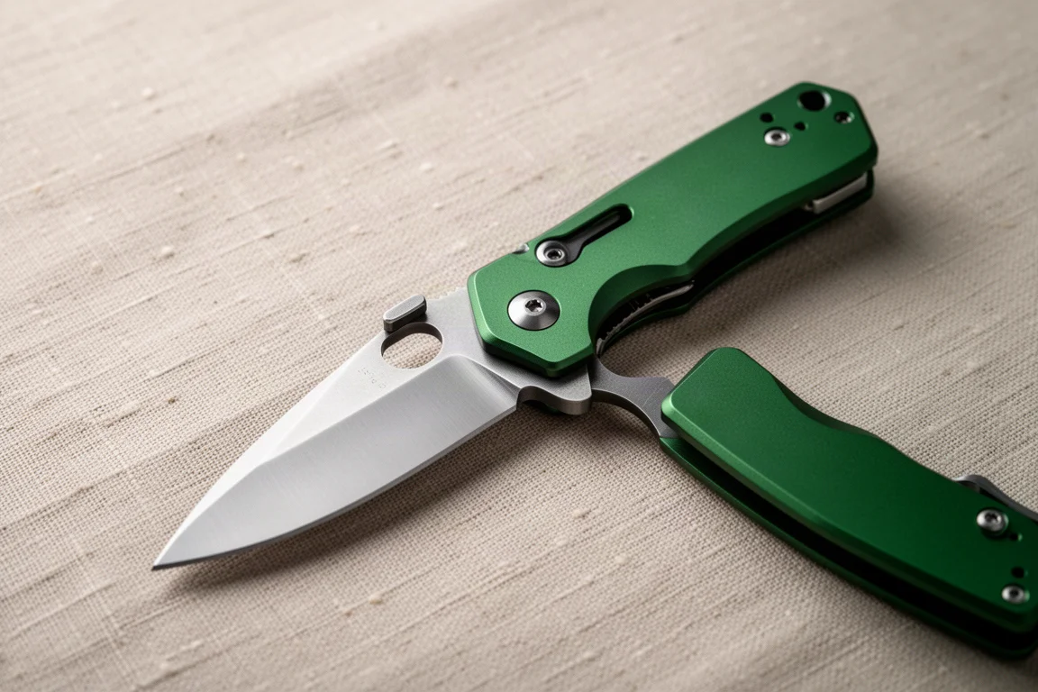 Coltello chiudibile aperto su un tavolo con lama satinata e leva flipper