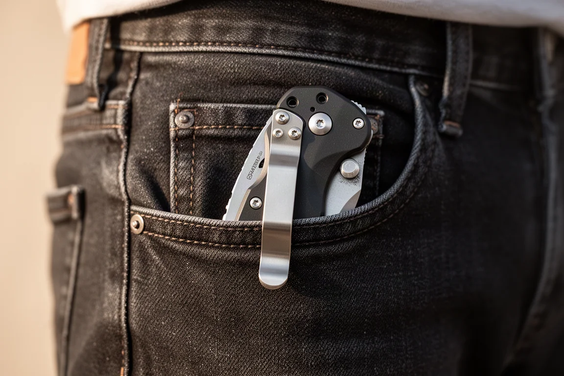 Molle di tasca di un coltello chiudibile posizionata in basso in una tasca di jeans