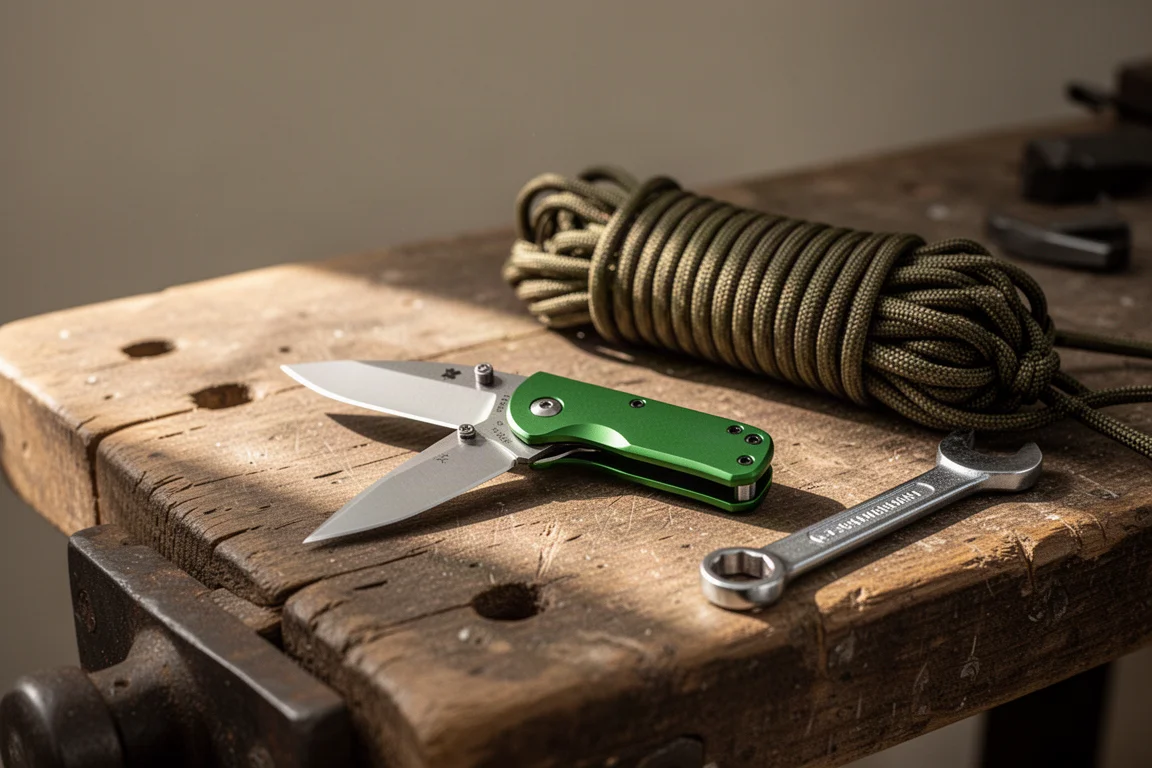 Piccolo coltello chiudibile appoggiato su una banco di lavoro in legno accanto a utensili quotidiani