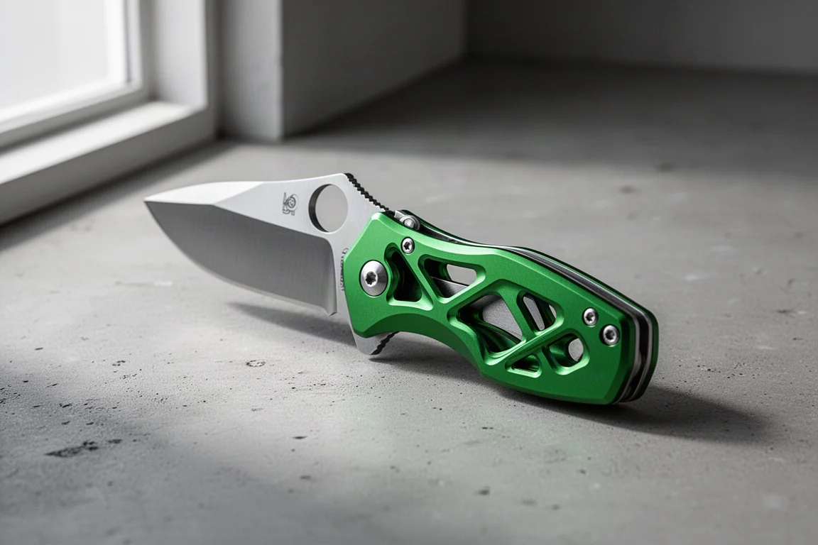 Coltello chiudibile verde anodizzato con manico traforato lavorato su superficie in cemento
