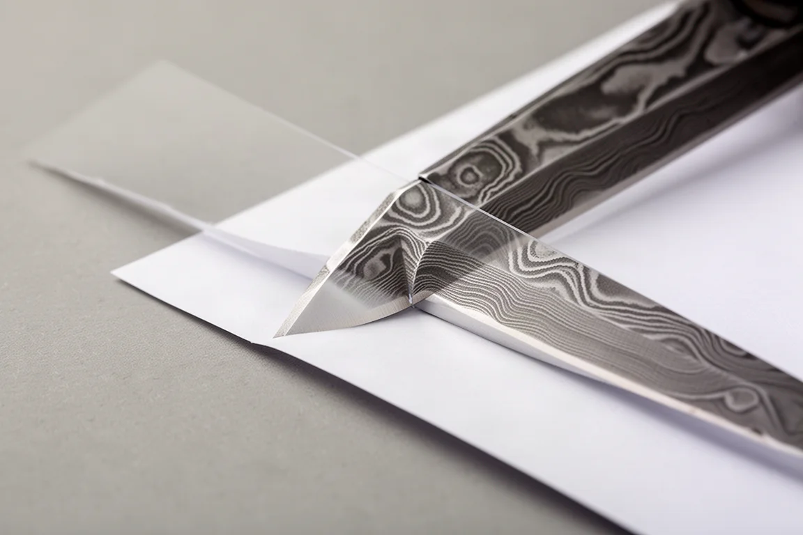 Patterned Damascus blade slicing cleanly through a sheet of paper