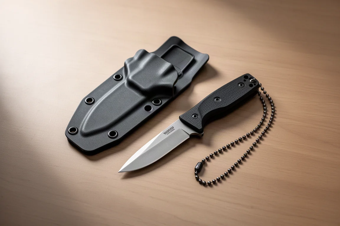 Small fixed blade knife resting in an open Kydex sheath with a thin chain