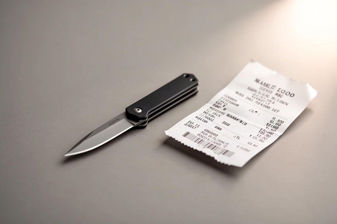 Compact fixed blade neck knife held between fingers showing scale