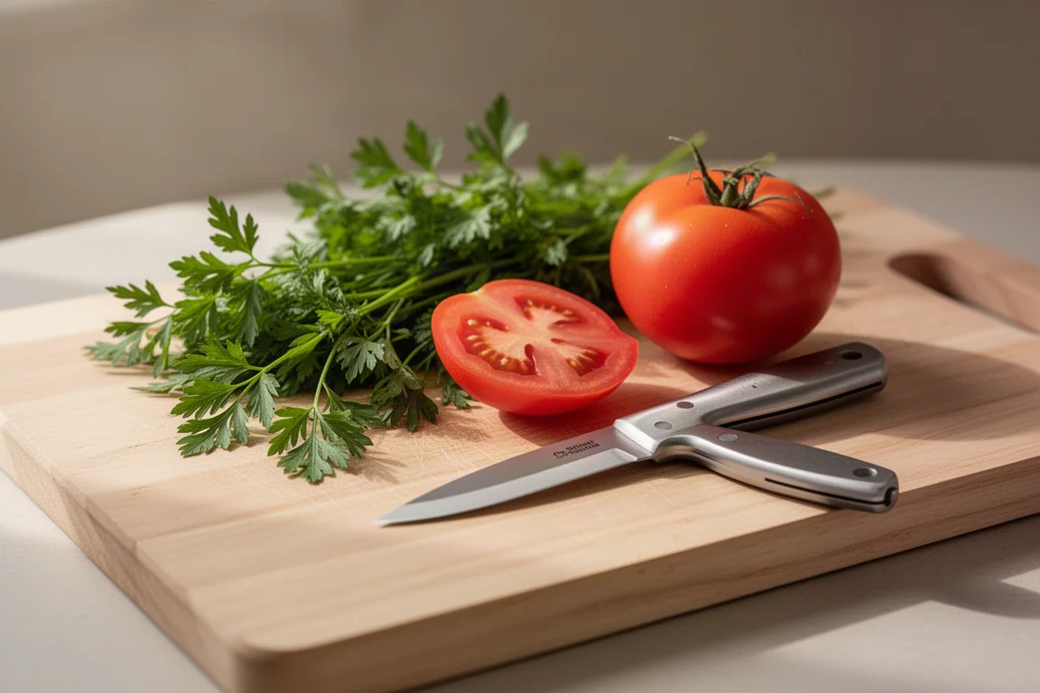 Kitchen cutting board with vegetables beside a small compact knife
