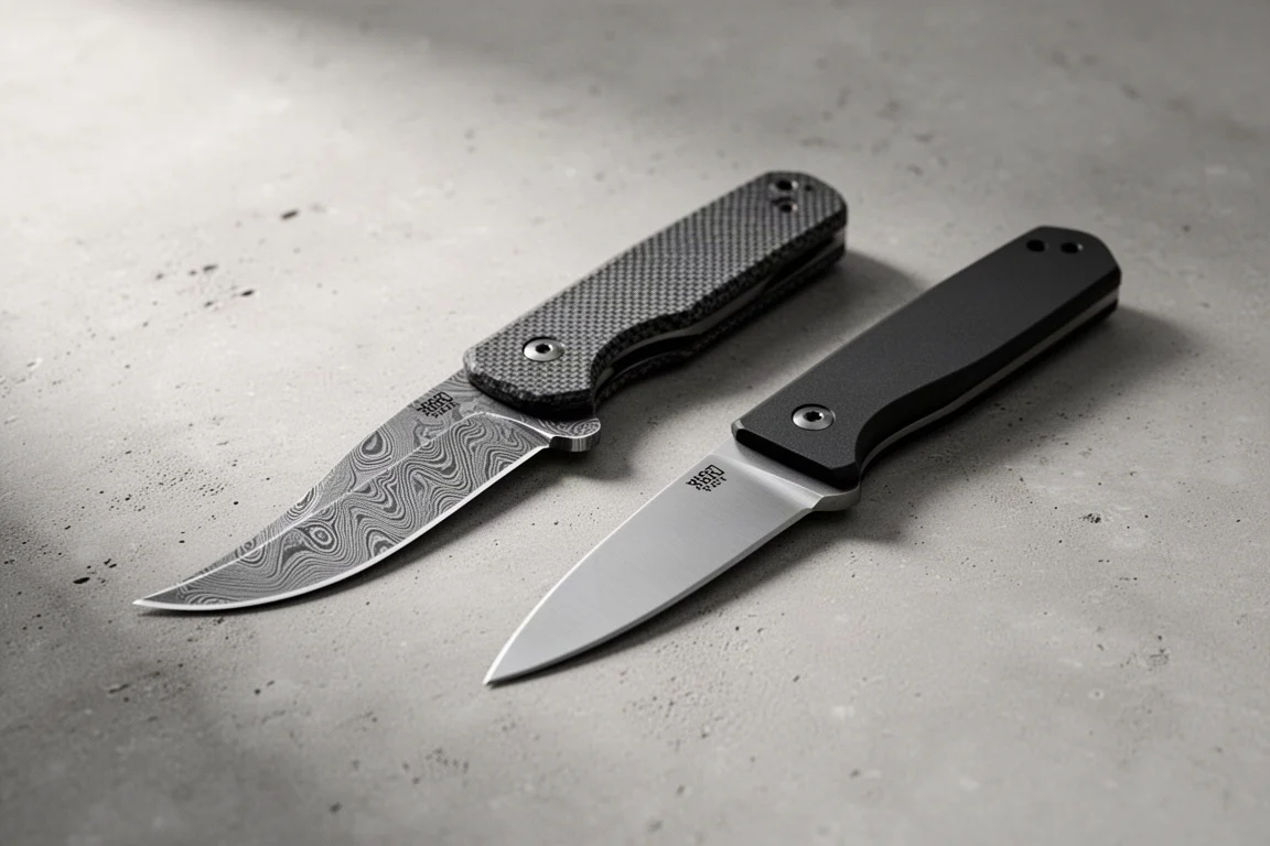 Two small fixed-blade neck knives with Damascus and plain blades on concrete