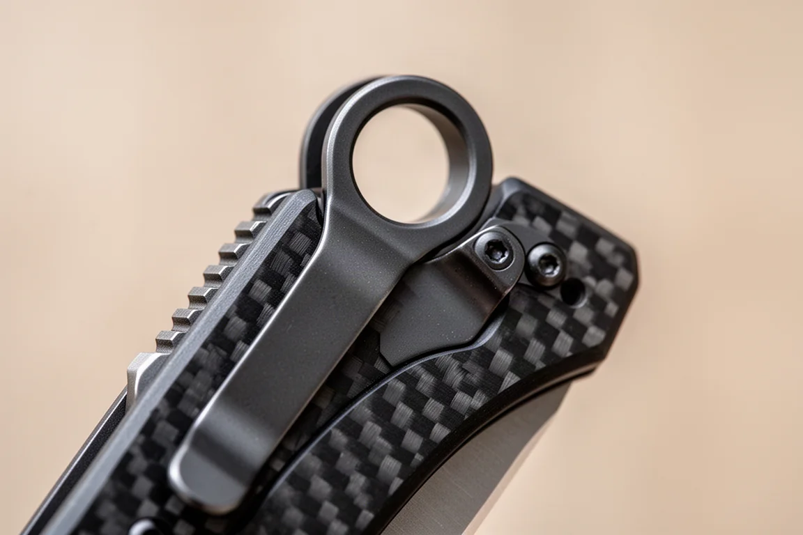 Gros plan sur le manche d'un couteau pliant avec grip texturé et grand trou pour dragonne