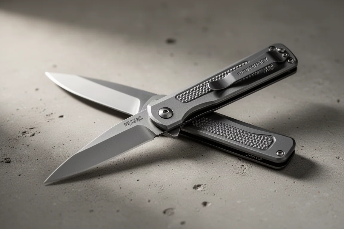 Couteau automatique pliant fin avec grip étroit et crantages bilatéraux