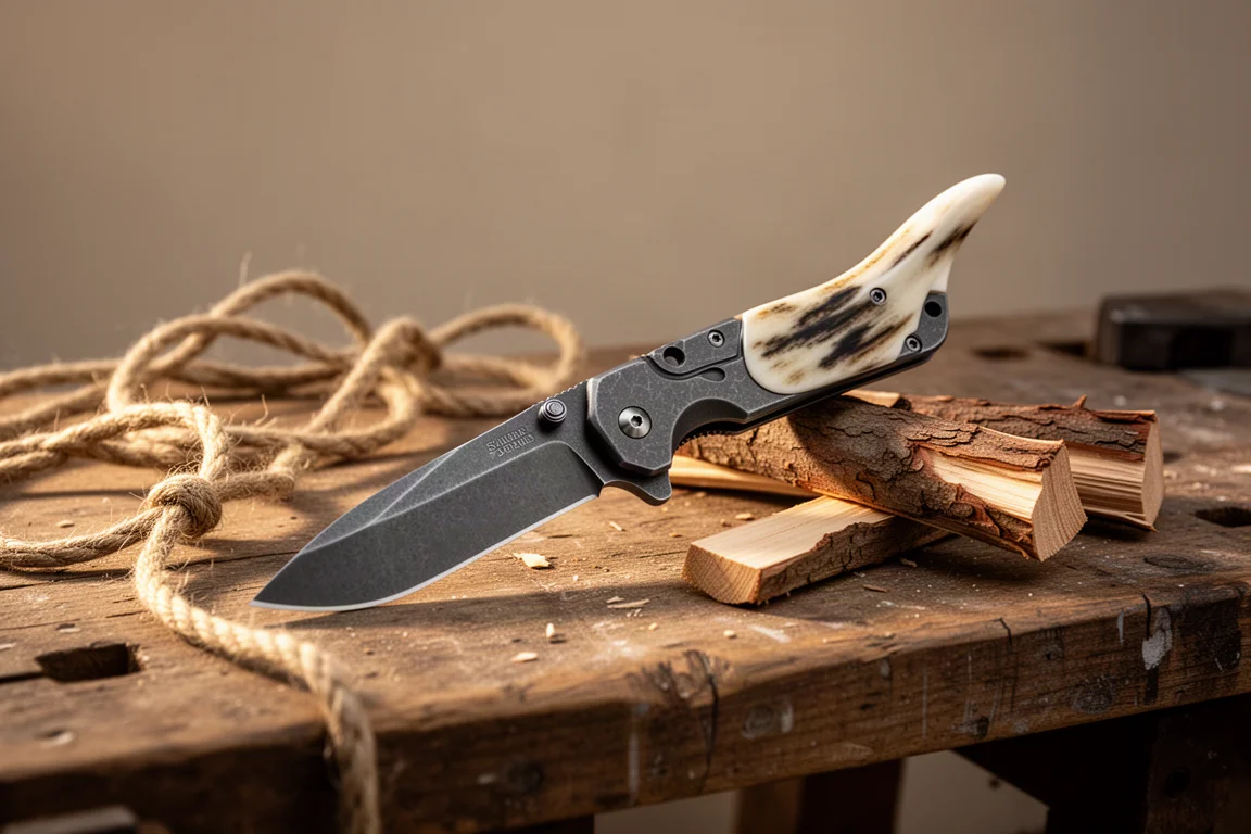 Couteau pliant à lame bushcraft posé sur un établi dans une lumière d'atelier chaleureuse