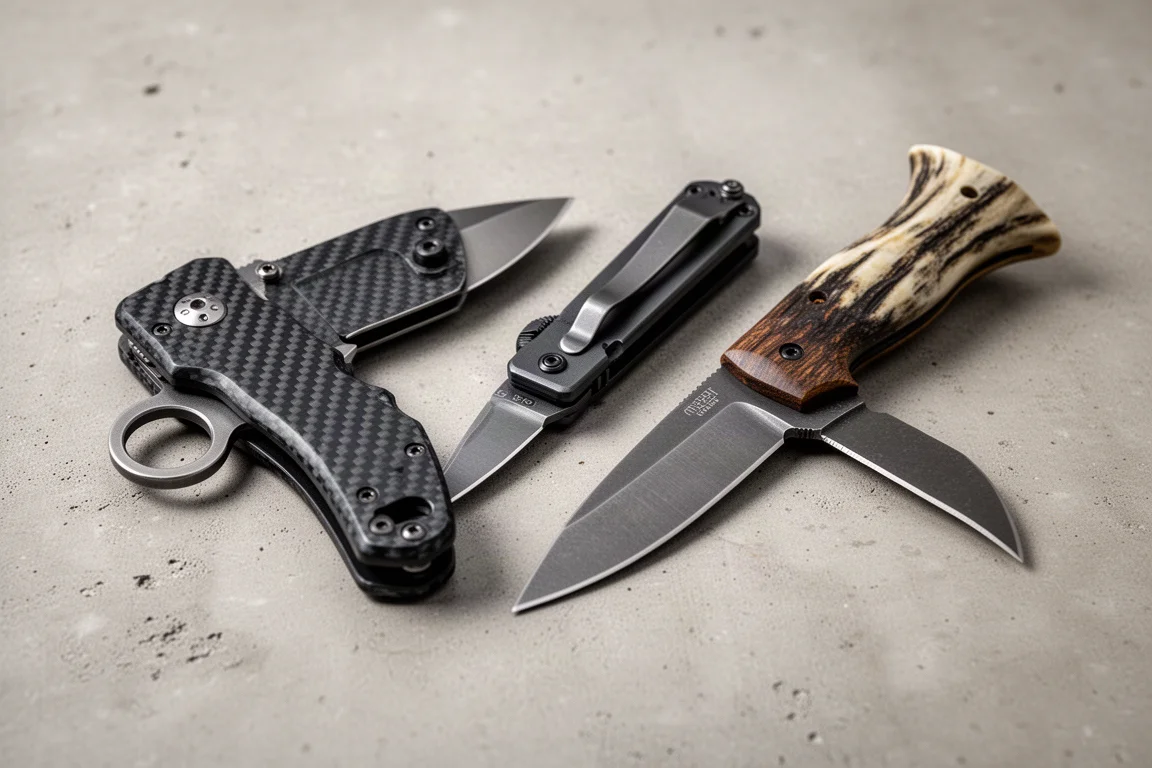 Trois couteaux de poche pliants, dont un robuste couteau EDC, un couteau automatique fin et un couteau bushcraft pliant, posés sur une surface en béton