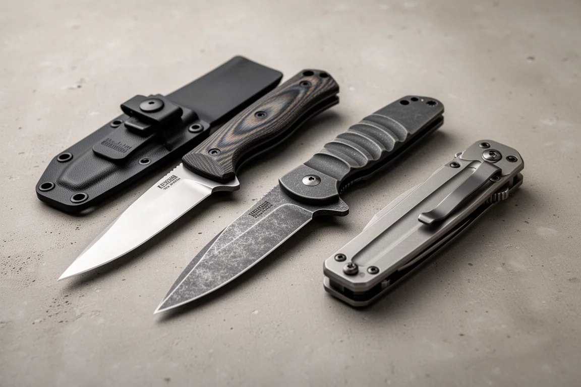 Civivi Jinks, Civivi Pentad, and Sencut Ingot knives arranged on concrete