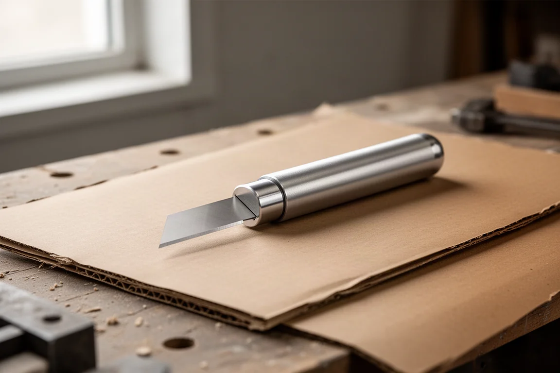 Utility knife blade held against cardboard during a cutting task