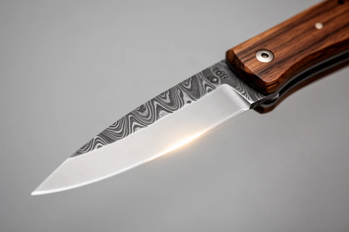Close-up of a hollow ground knife blade showing its thin slicing edge