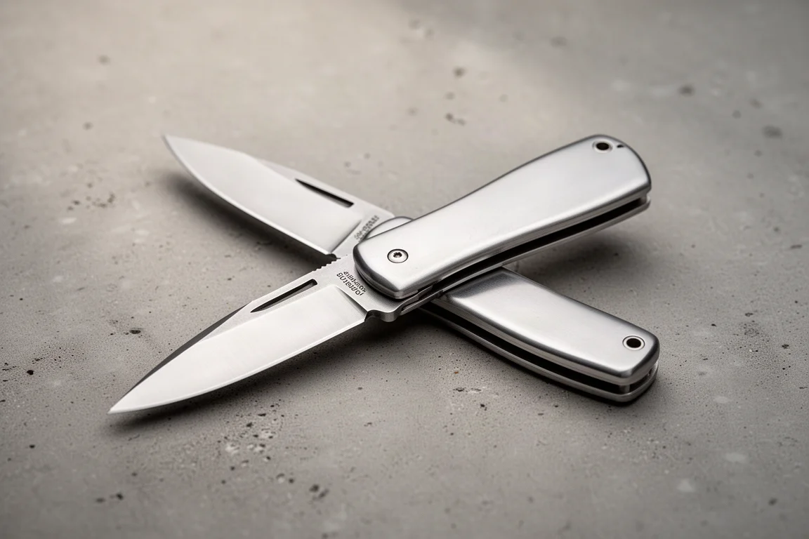 Hollow ground folding knife blade displayed on a grey studio surface