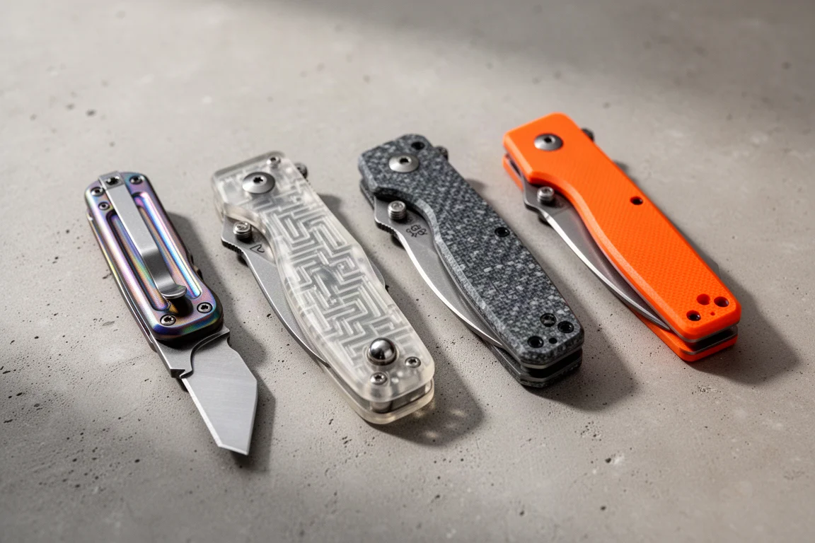 Four folding knives lined up on a matte concrete surface