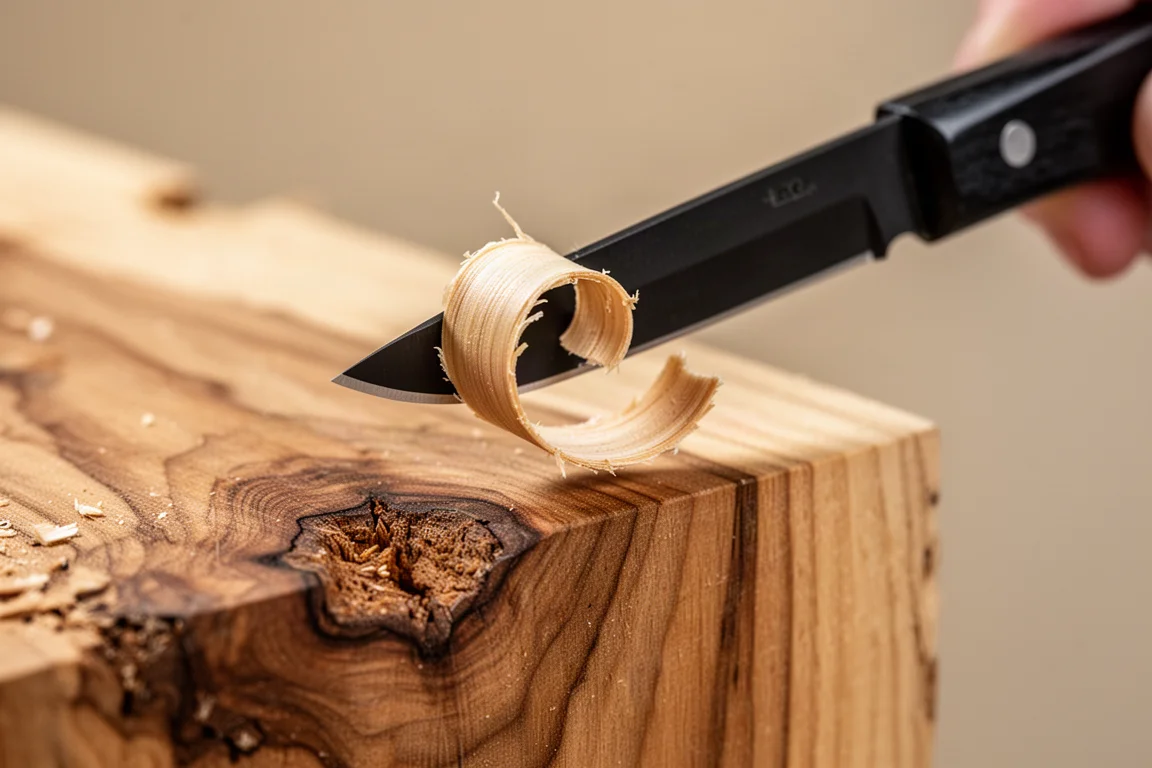 Lama del coltello che asporta sottili ricci di legno stagionato