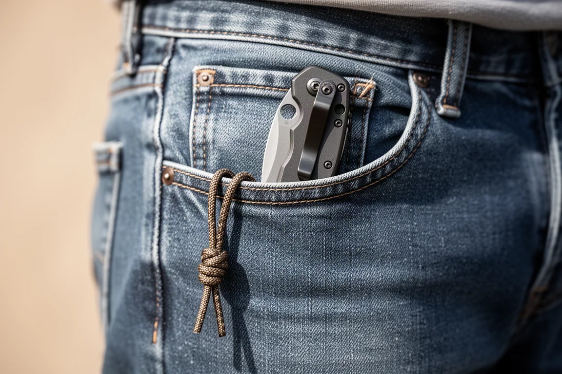 Coltello tascabile con clip dentro una tasca di jeans, con lanyard visibile