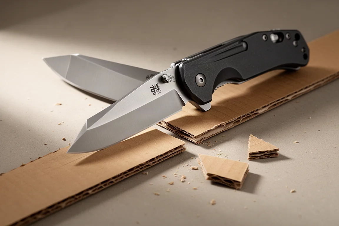 Couteau utilitaire ouvrant un carton sur un établi
