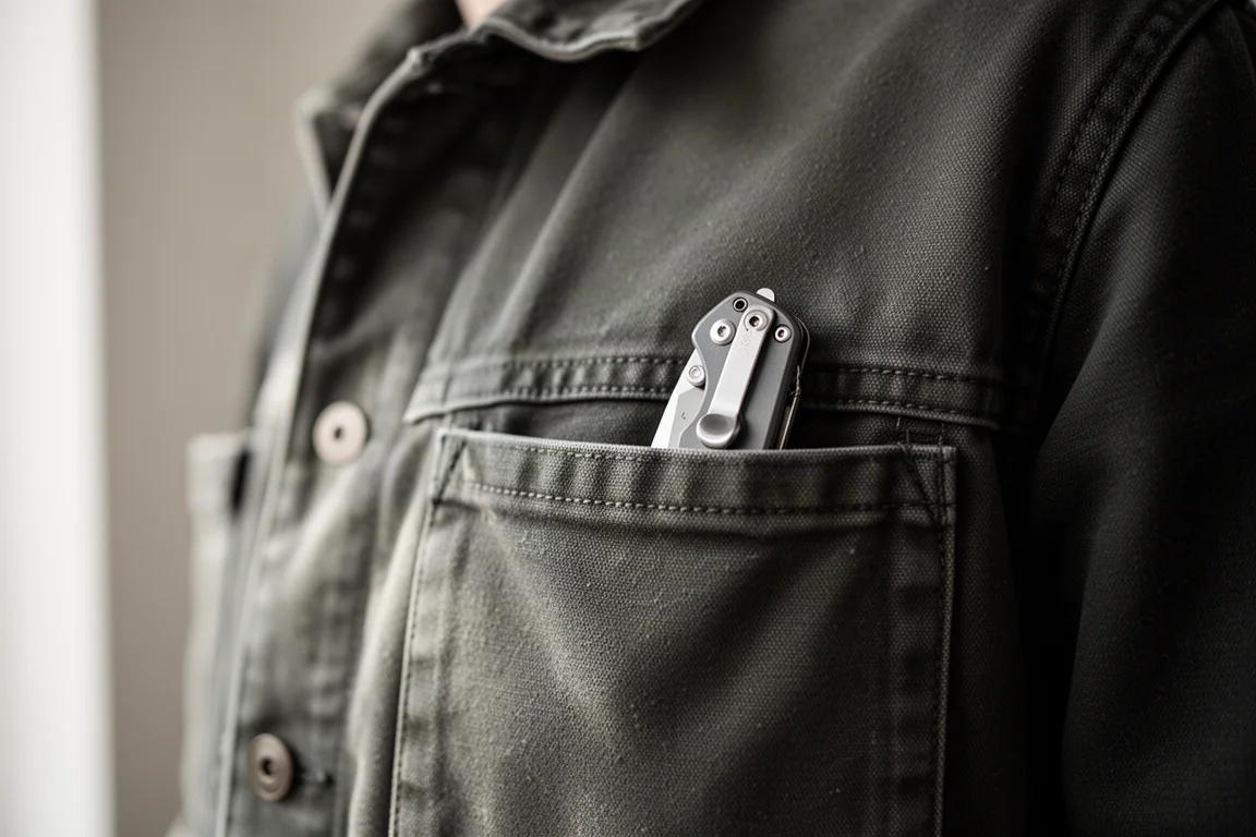Couteau pliant fin fermé à côté d'une poche de veste, montrant à quel point il dépasse peu