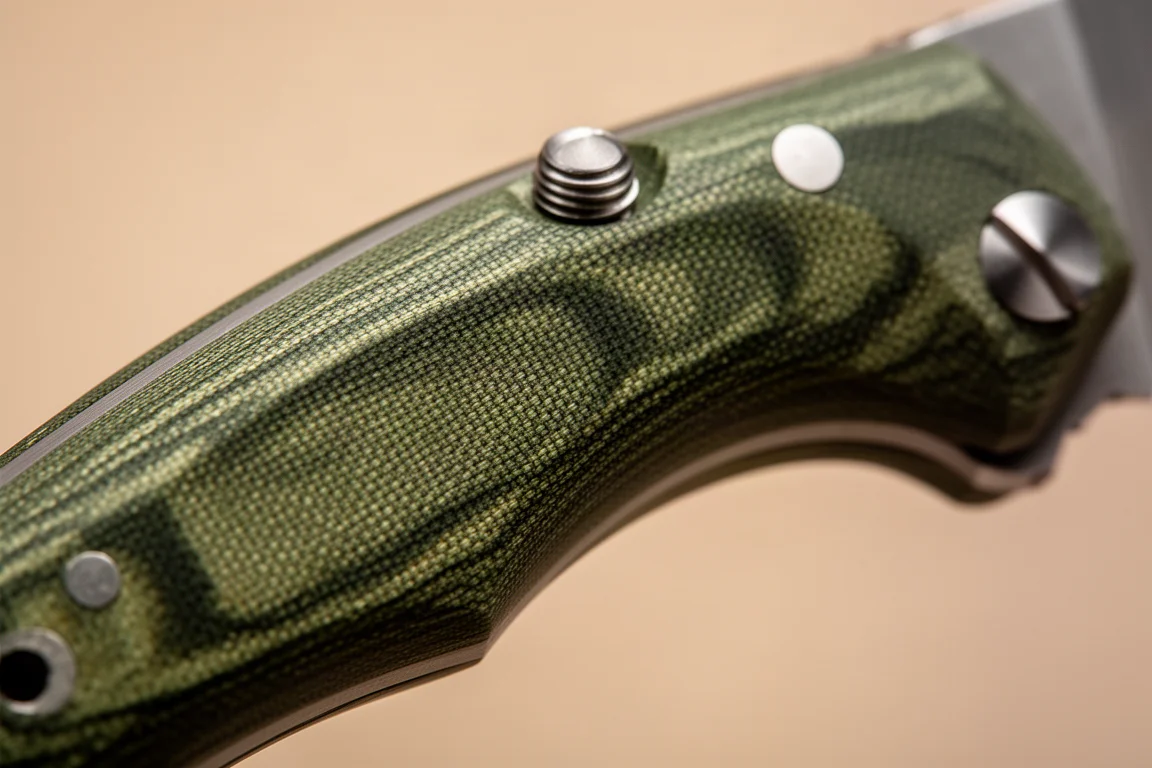 Gros plan sur la texture du manche en Micarta toile verte et le tirette de pouce