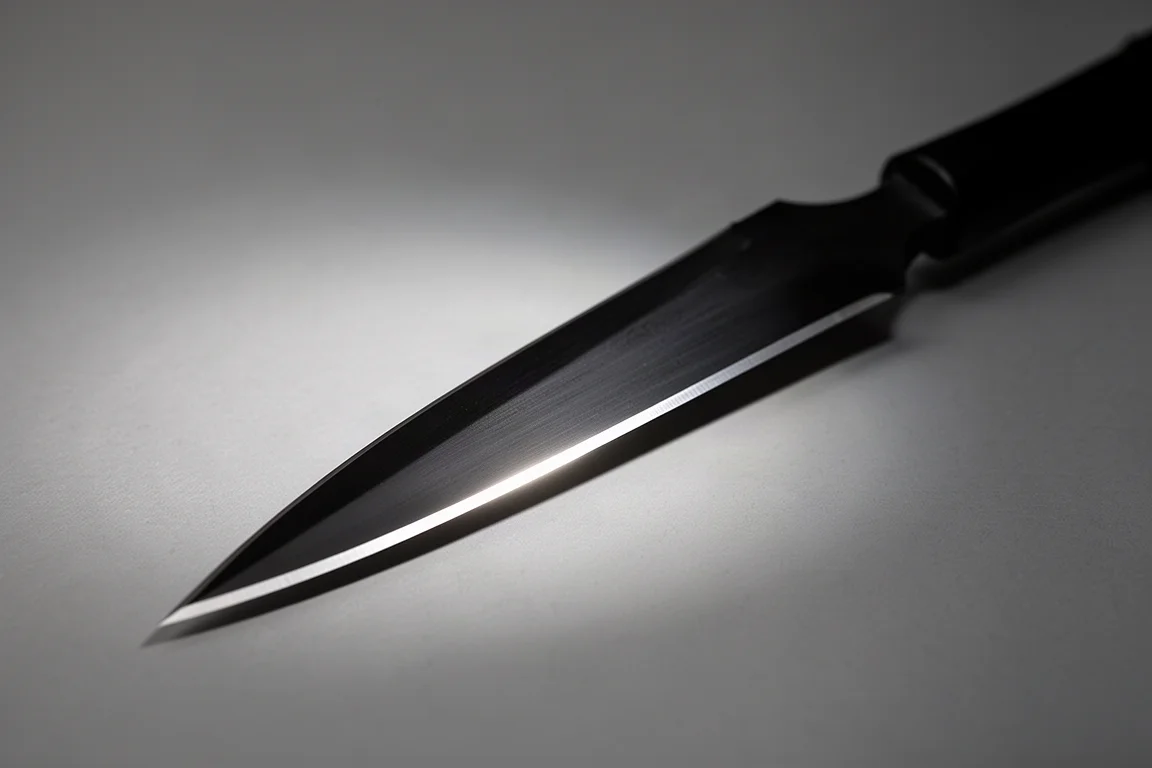 Le tranchant de la lame accrochant une lumière rasante pour révéler le côté affûté de la pointe en lance