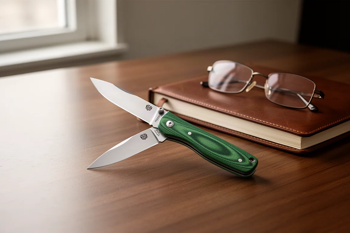Couteau pliant ouvert sur un bureau en bois à côté d'objets du quotidien