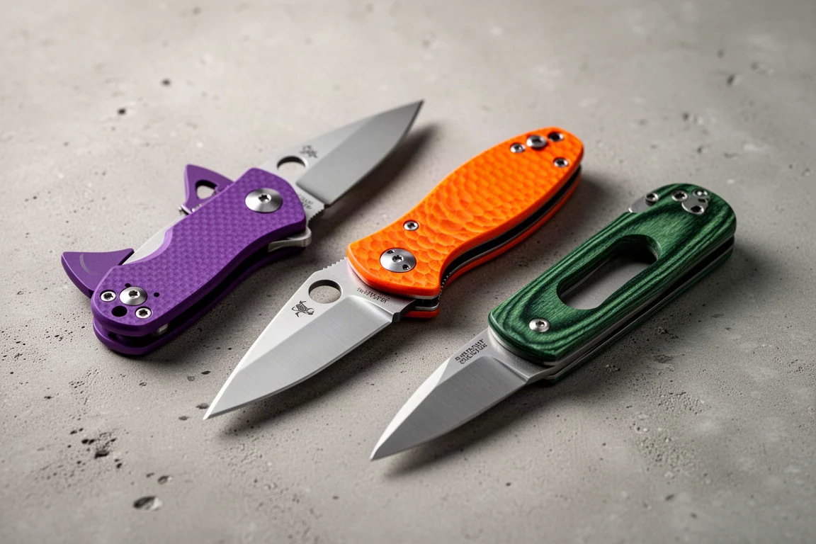Three folding pocket knives in purple, orange, and green micarta arranged on concrete