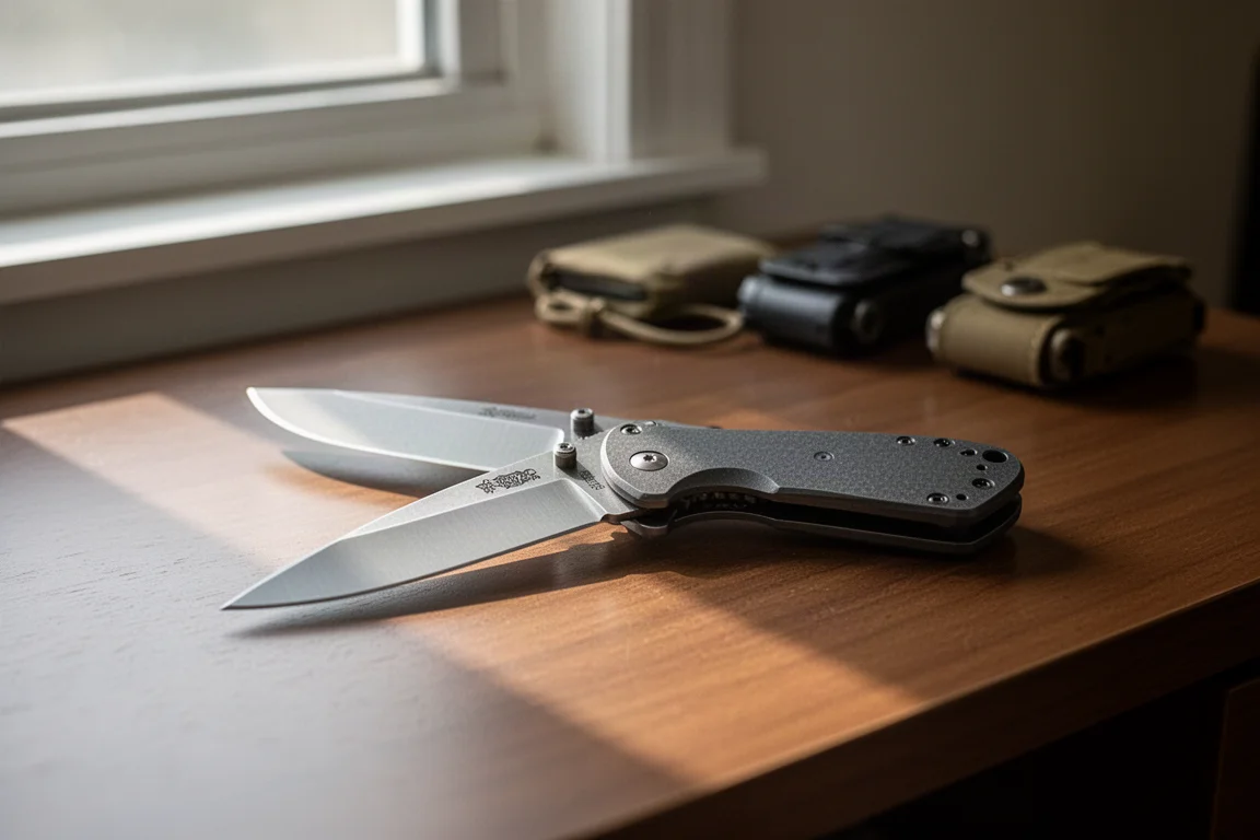 Coltello tascabile pieghevole aperto su una scrivania in legno con morbida luce della finestra
