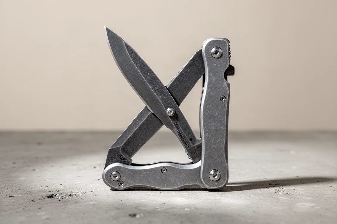 Lama spessa di un coltello pieghevole in piedi sul calcestruzzo che ne mostra lo spessore