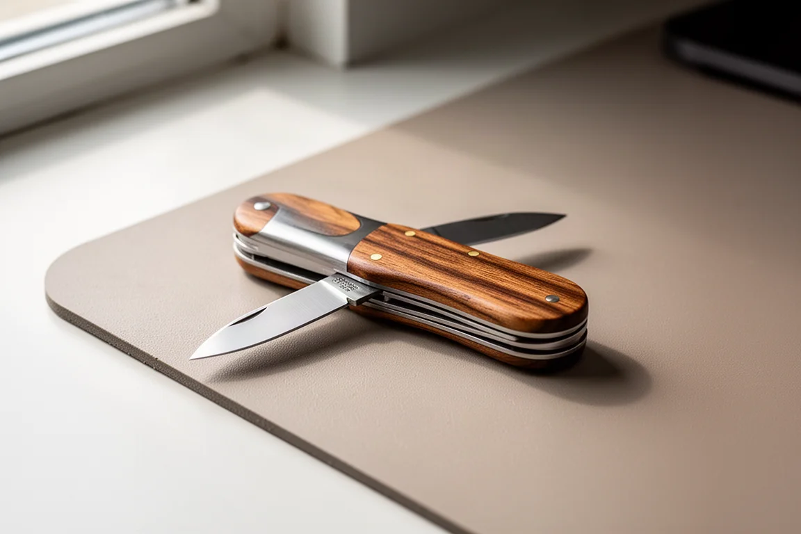 Piccolo coltello da tasca dal manico in legno su una scrivania in morbida luce da ufficio