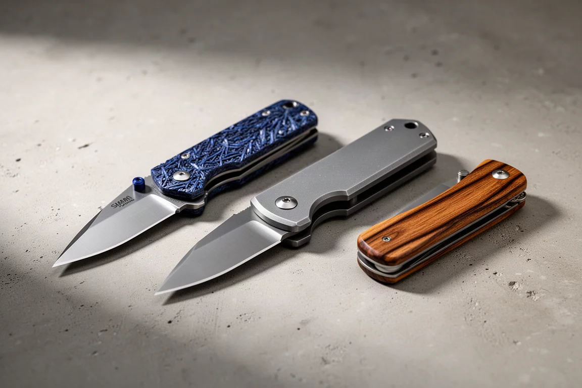 Three folding pocket knives with G10, aluminum, and wood handles arranged on a concrete surface