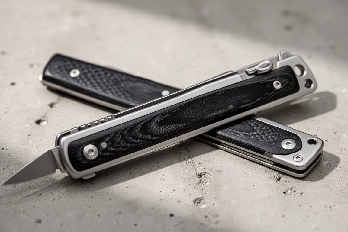 Öppen fällkniv med stålramslås och texturerat svart Micarta-fovring