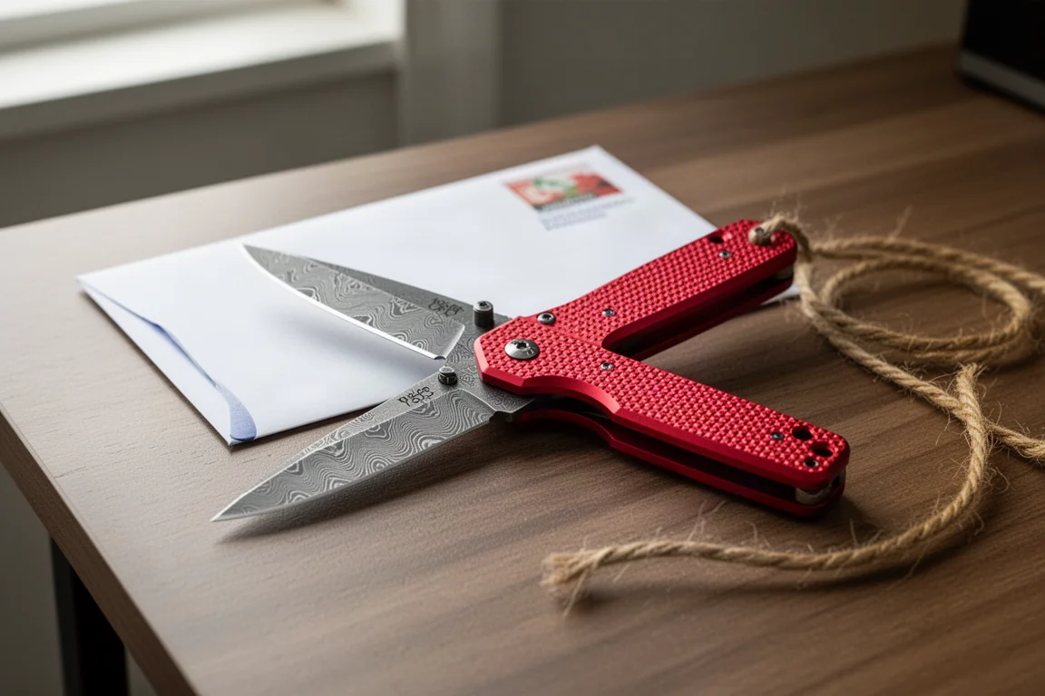 Coltello pieghevole aperto con manico rosso appoggiato su una scrivania in legno accanto a oggetti quotidiani