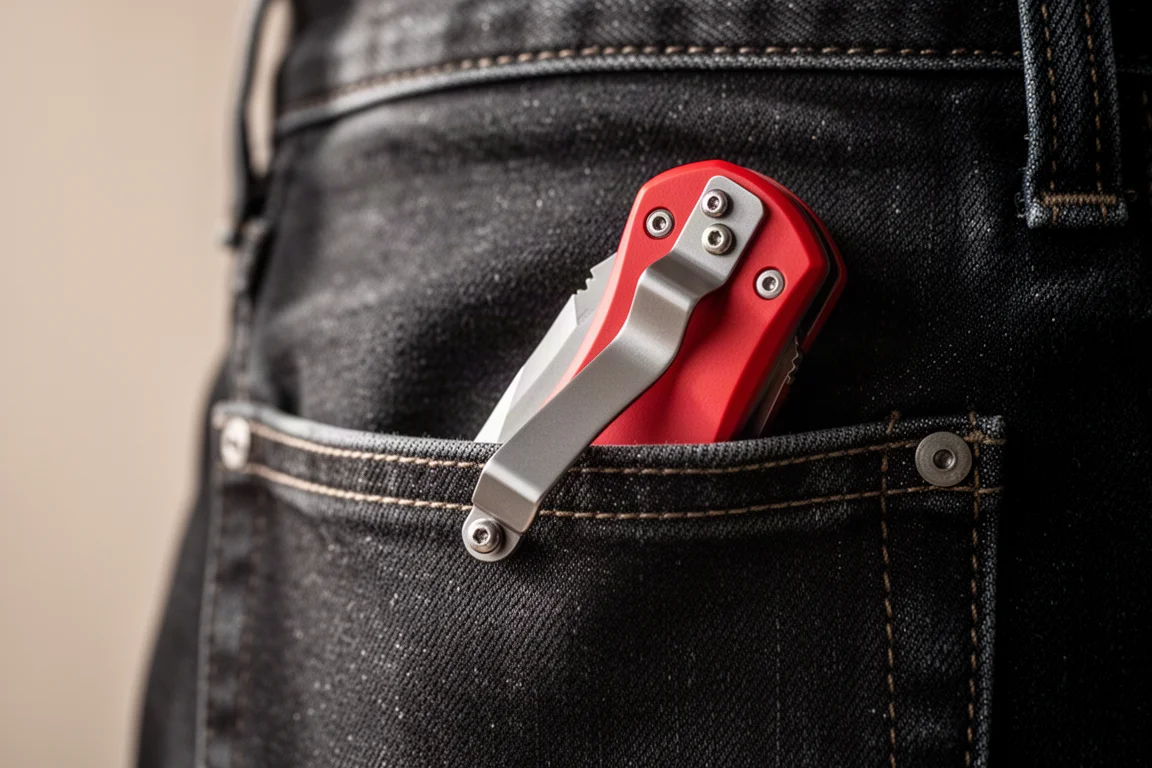 Clip da tasca deep-carry su un coltello pieghevole infilato nel tessuto di una tasca di jeans