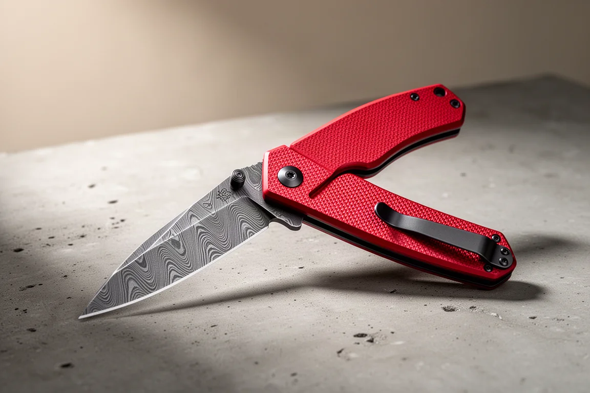 Coltello pieghevole Civivi Storm Howl con lama Damasco e manico rosso sul cemento