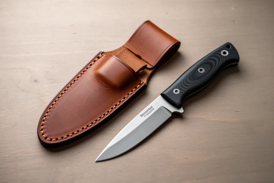 Fodero in pelle e coltello a lama fissa disposti su un tavolo di legno