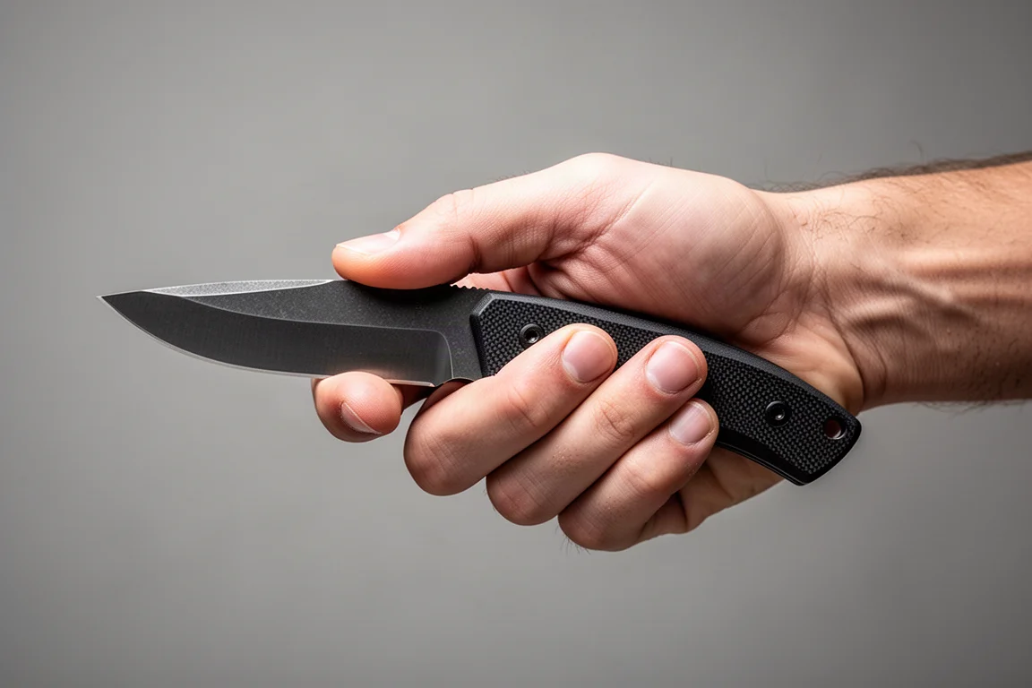 Una mano che tiene un coltello a lama fissa mostrandone il punto di bilanciamento