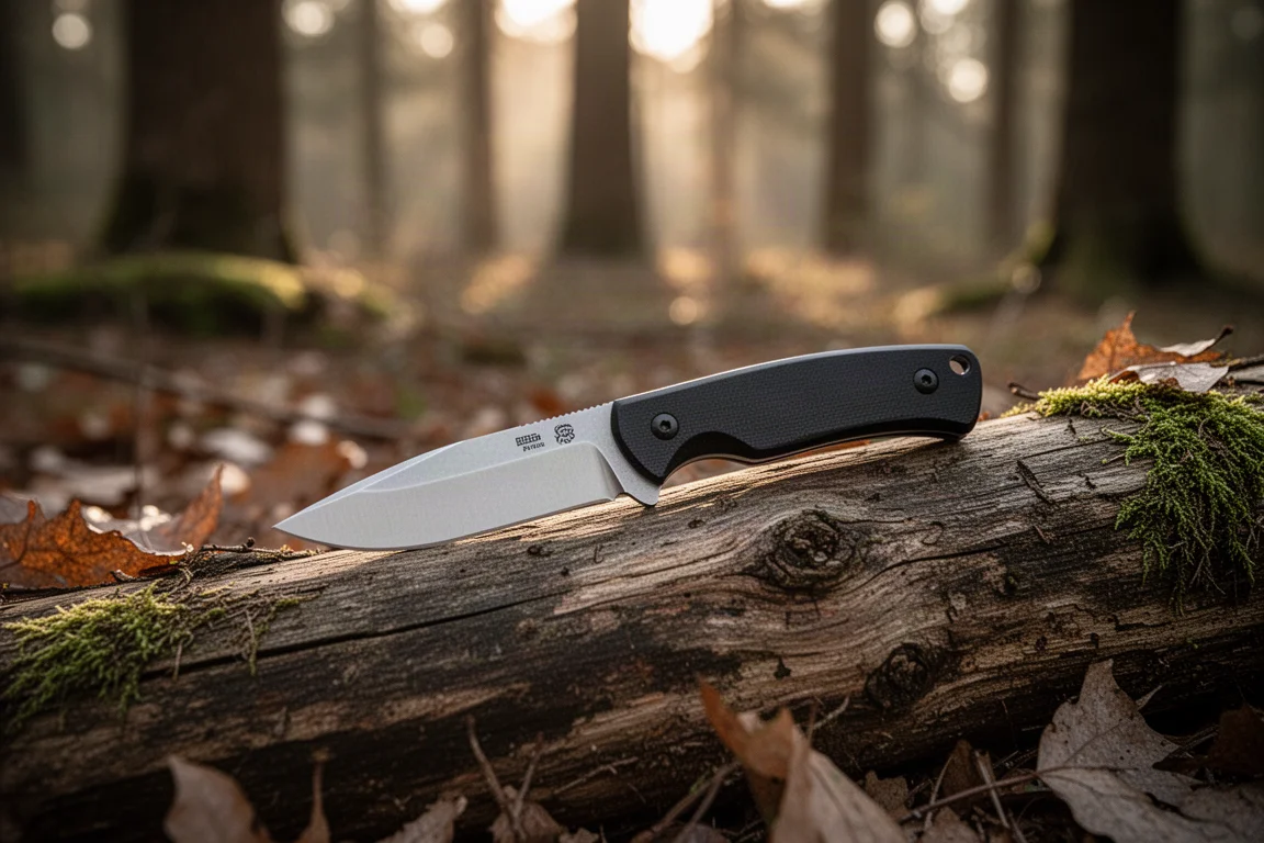 Coltello a lama fissa appoggiato su un tronco in una radura nel bosco