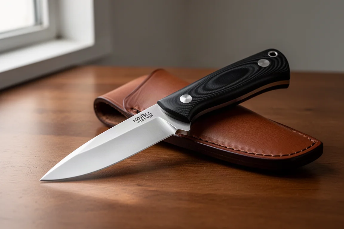 Coltello a lama fissa CIVIVI Teton Tickler con fodero in pelle su una superficie di legno