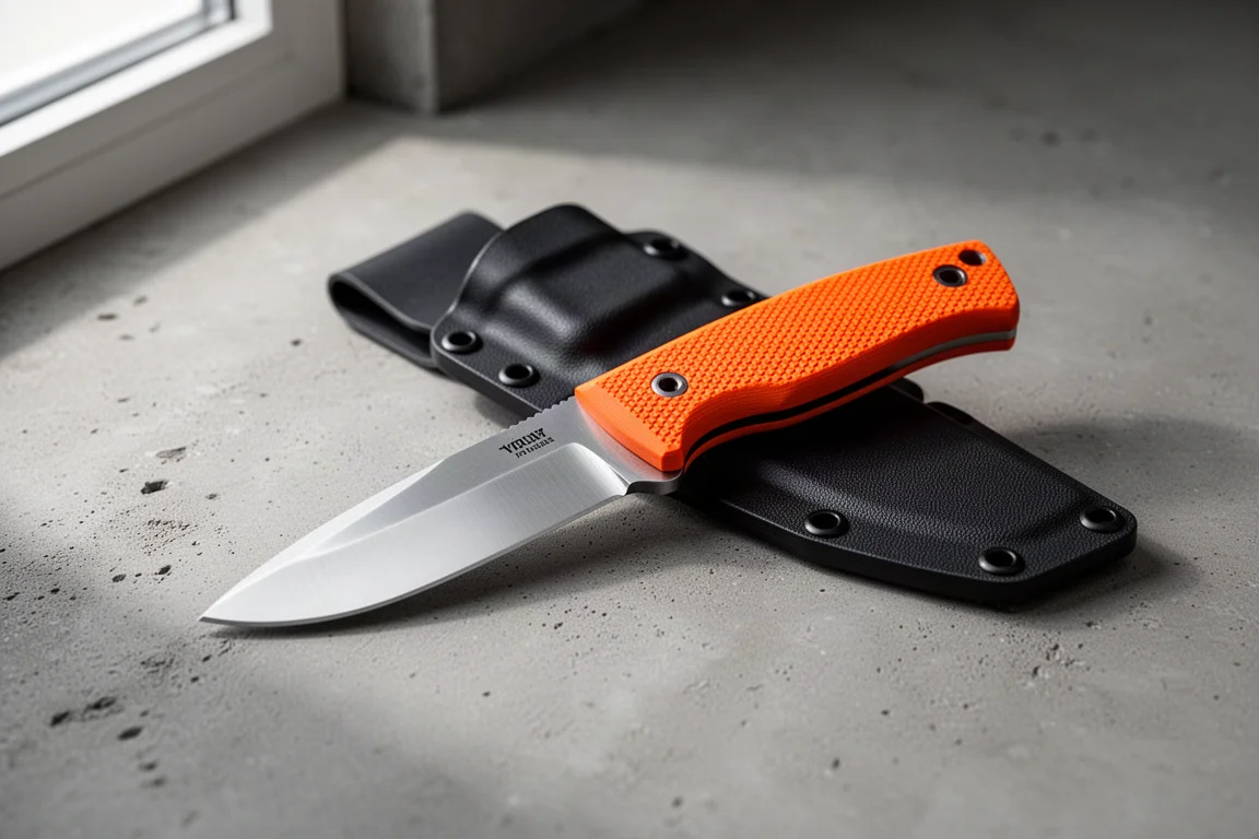 Fixed blade knife with orange handle next to a black Kydex sheath on concrete