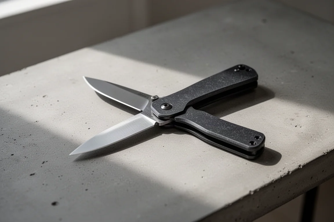 Couteau pliant à manche en aluminium noir ouvert sur un bureau en béton