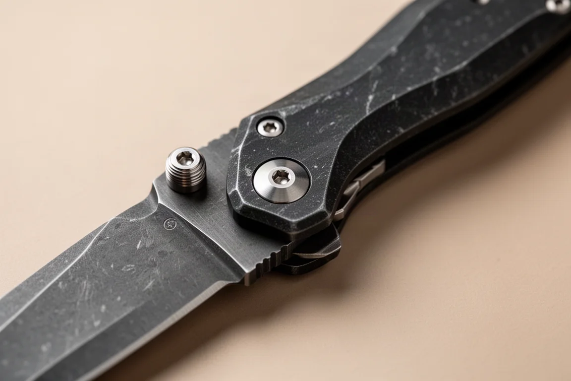 Gros plan sur le pivot de charnière d'un couteau en aluminium noir