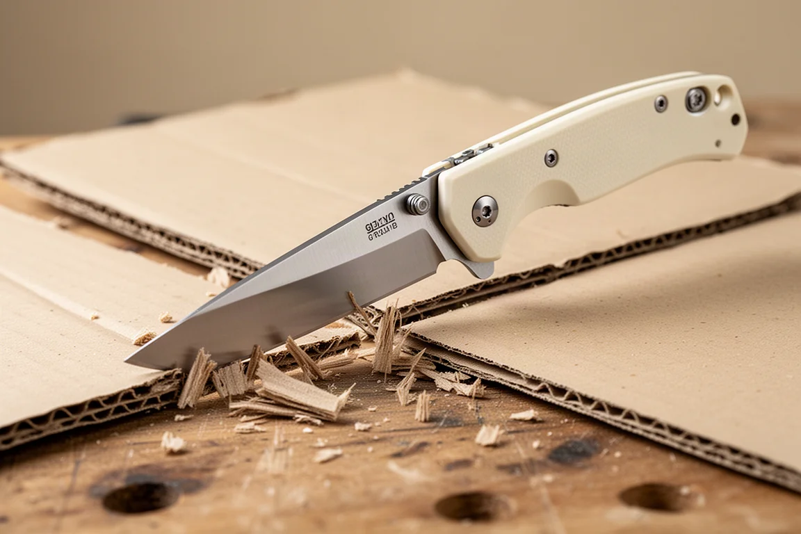 Ivory handled folding utility knife slicing through a sheet of cardboard