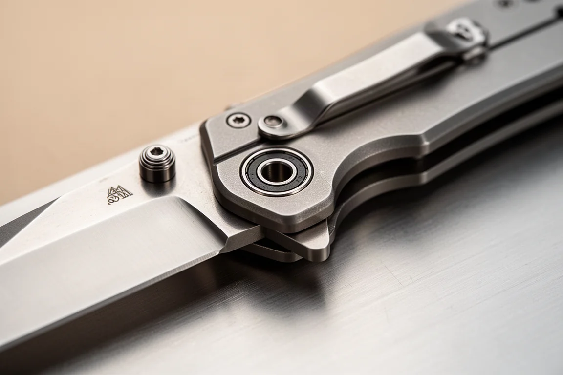Folding knife liner lock mechanism detail with ceramic bearing pivot