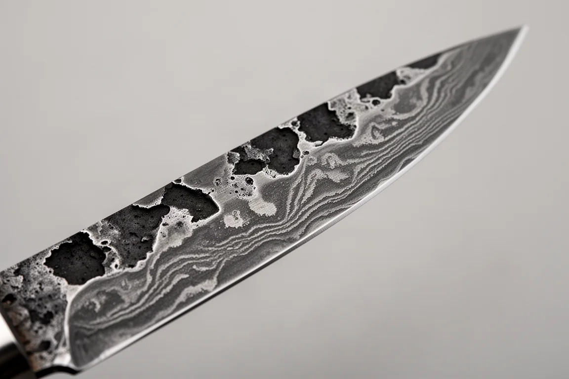 Detalle de una hoja de acero Damascus con un patrón facetado y pulido plano
