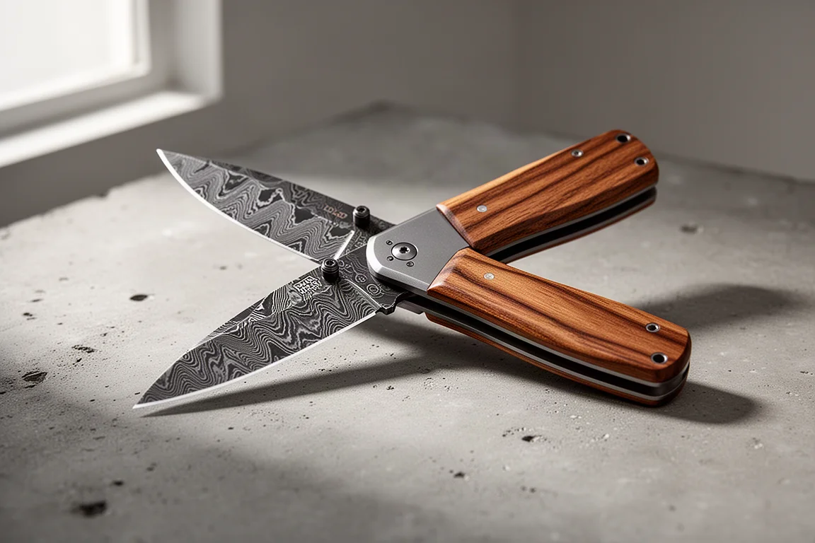 Navaja plegable con hoja de acero Damascus y mango de madera sobre una superficie de hormigón