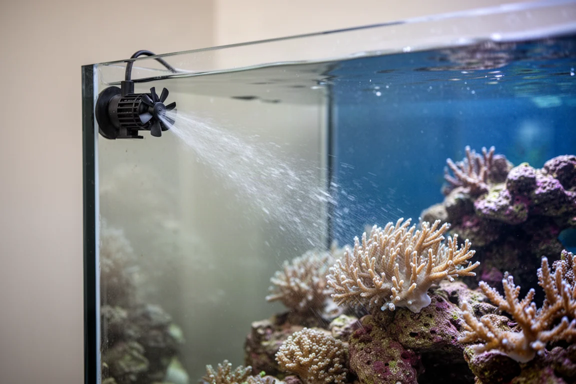 リーフタンクの上部コーナー付近で、広い円錐状の水流を生み出すコンパクトなポンプ
