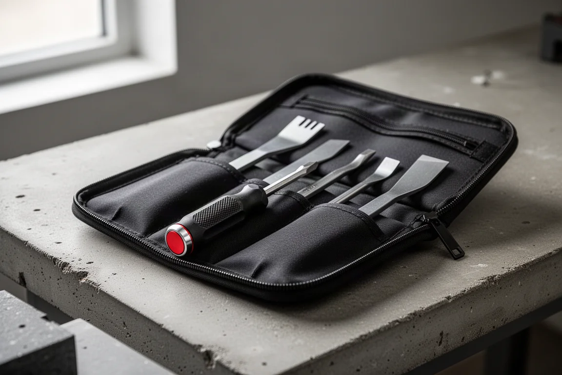Padded tool case open on a workbench with screwdriver handle and steel pry bar blades inside