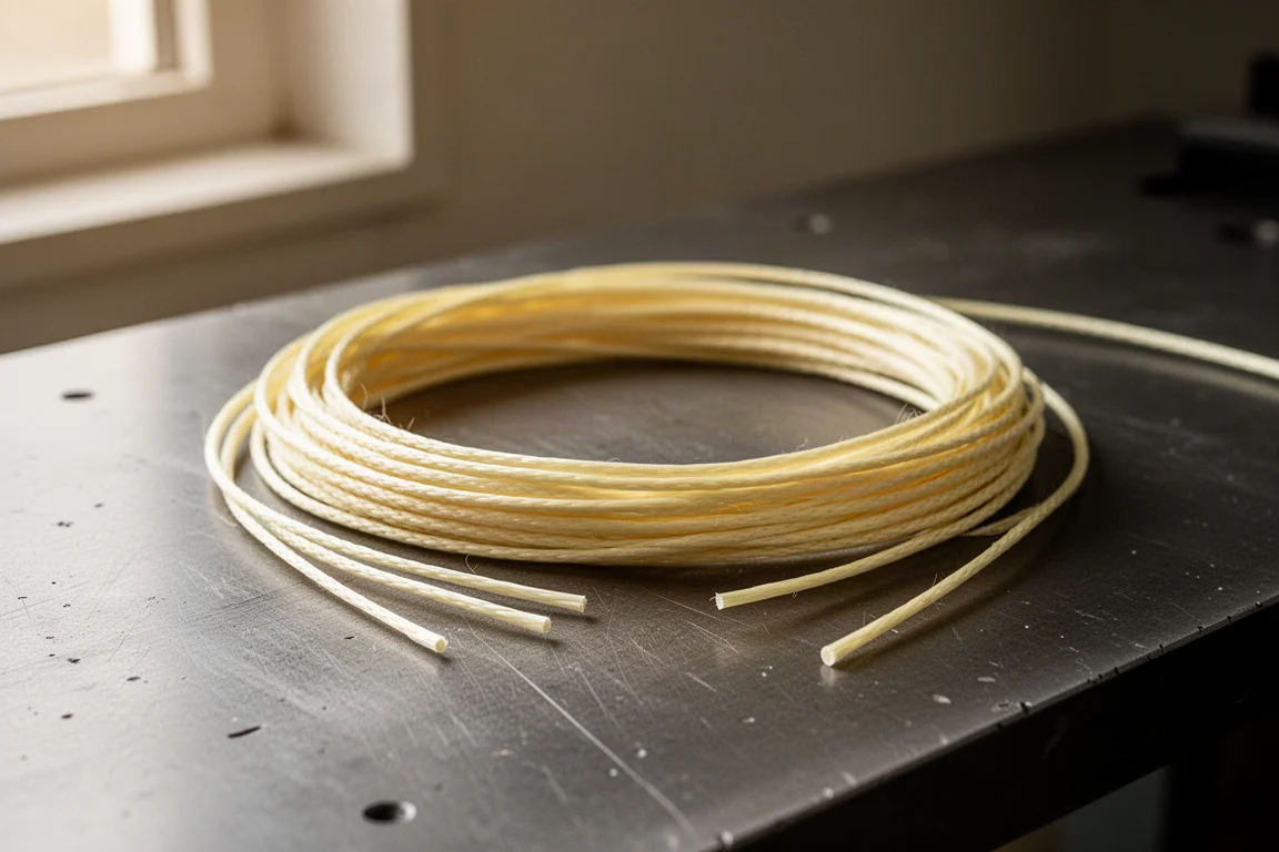 Cordón de Kevlar enrollado sobre una mesa de taller junto a una pequeña herramienta de corte