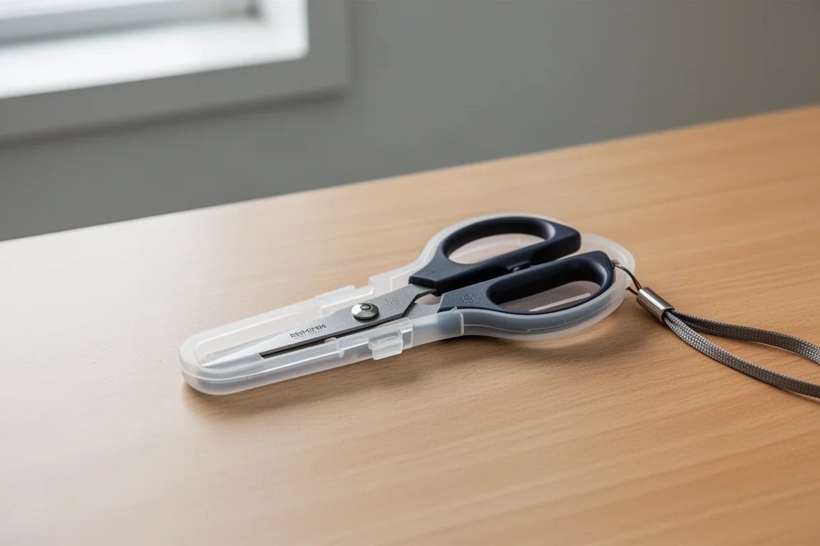 Tijeras con muelle, funda de plástico y ojal para cordón sobre un escritorio de madera